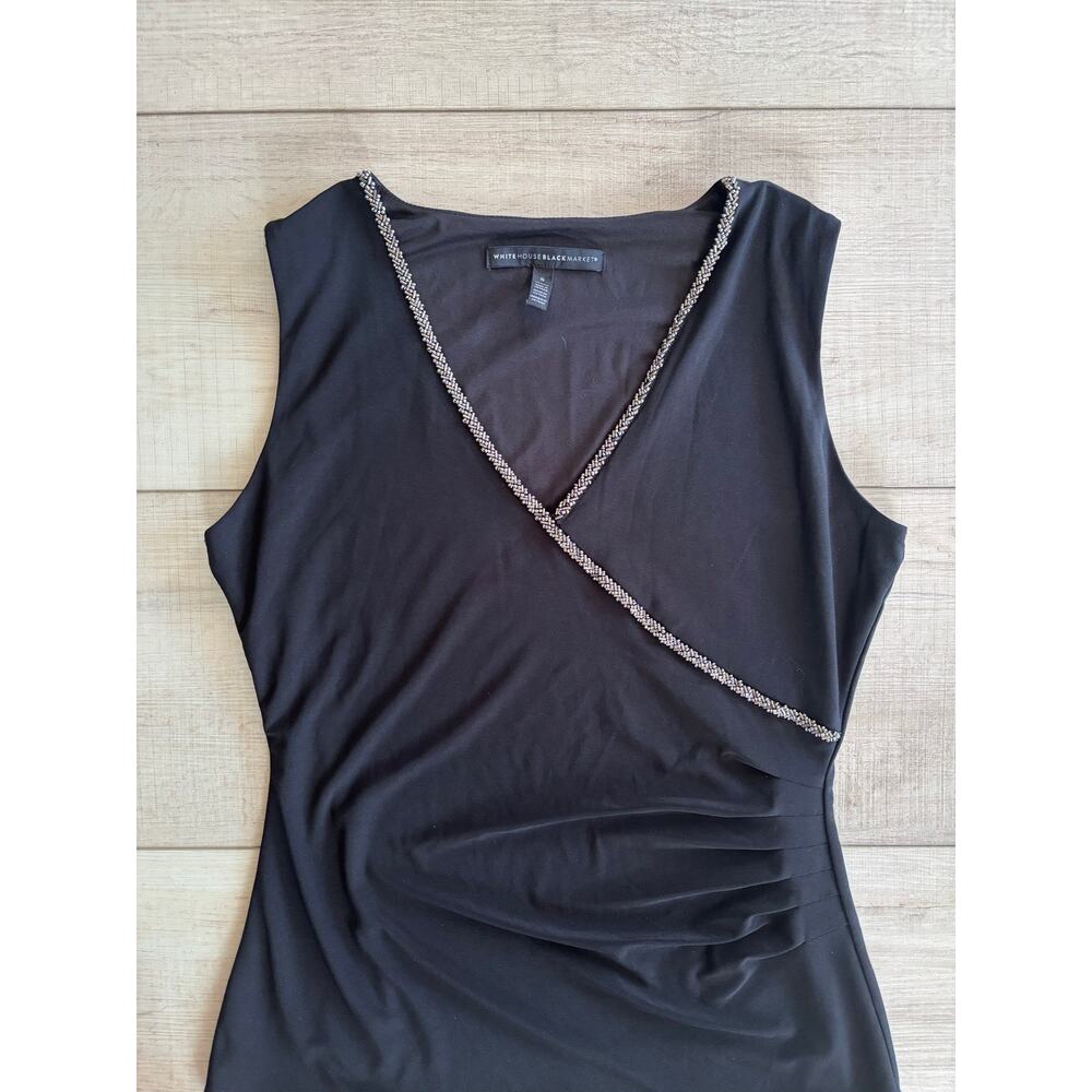 White House Black Market Silver Beaded Trim V Neck Black Top Party Chic Size S - Picture 4 of 6